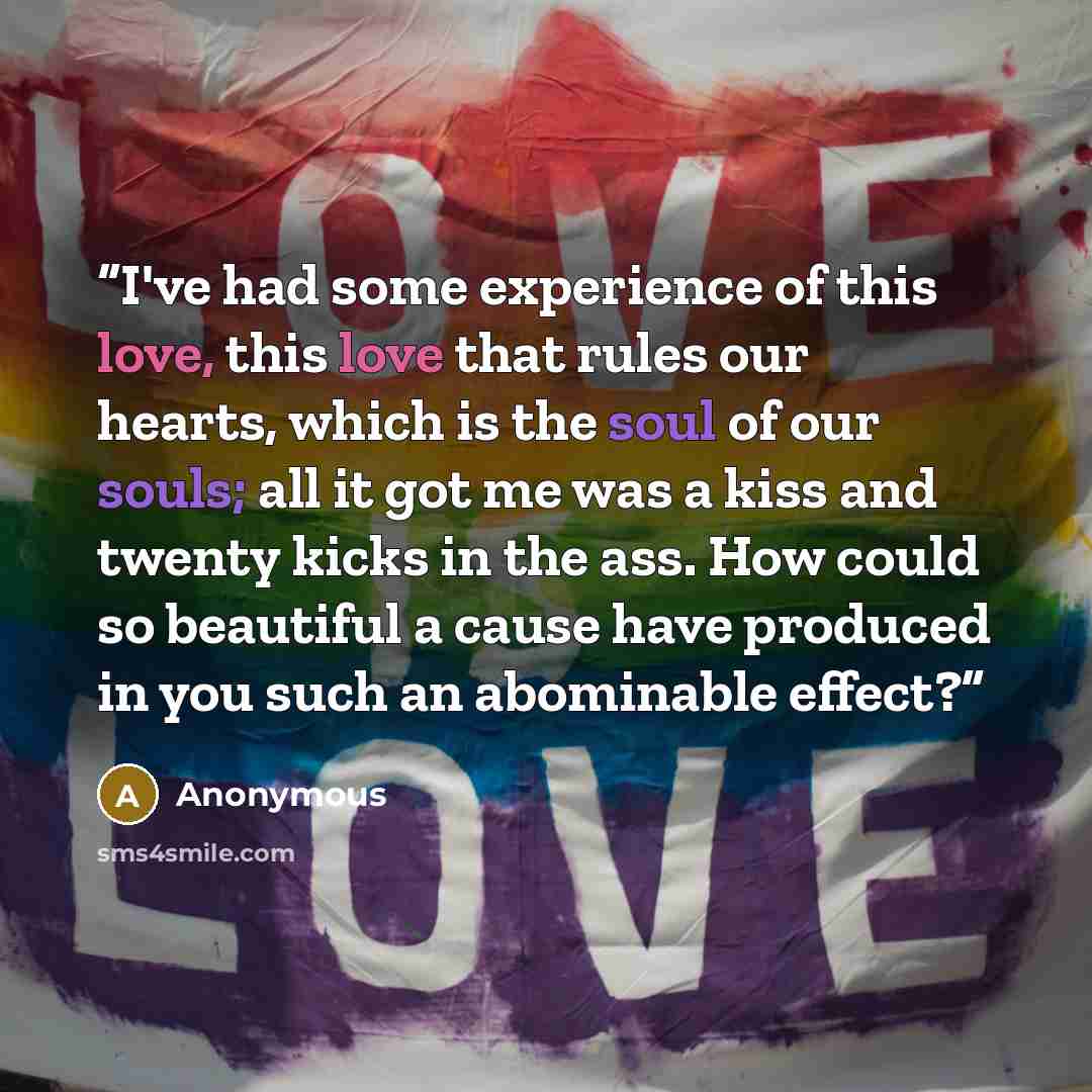 “I've had some experience of this love, this love that rules our hearts, which is the soul of our souls; all it got me was a kiss and twenty kicks in the ass. How could so beautiful a cause have produced in you such an abominable effect?” quote by Anonymous