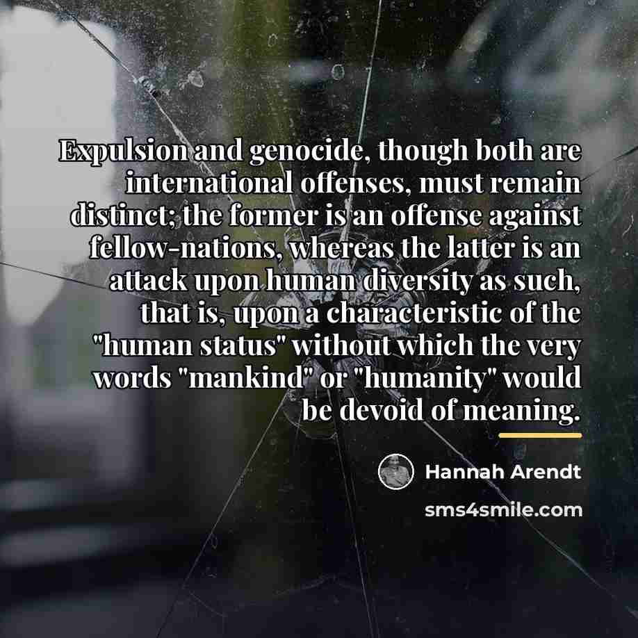 “Expulsion and genocide, though both are international offenses, must remain…” quote by Hannah Arendt