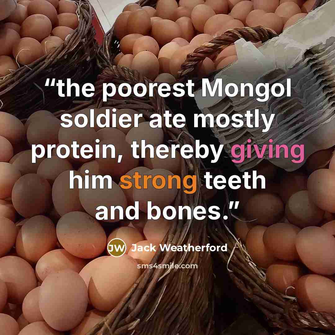 “the poorest Mongol soldier ate mostly protein, thereby giving him strong teeth and bones.” quote by Jack Weatherford