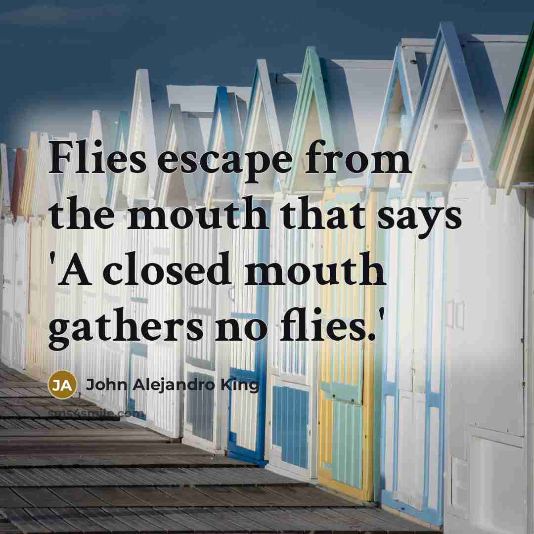 “Flies escape from the mouth that says 'A closed mouth…” quote by John Alejandro King