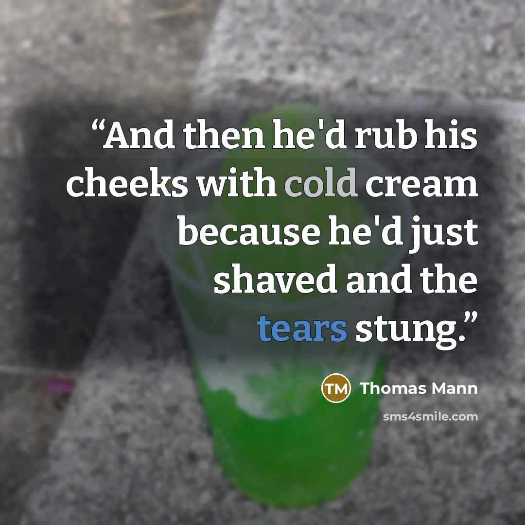 “And then he'd rub his cheeks with cold cream because he'd just shaved and the tears stung.” quote by Thomas Mann