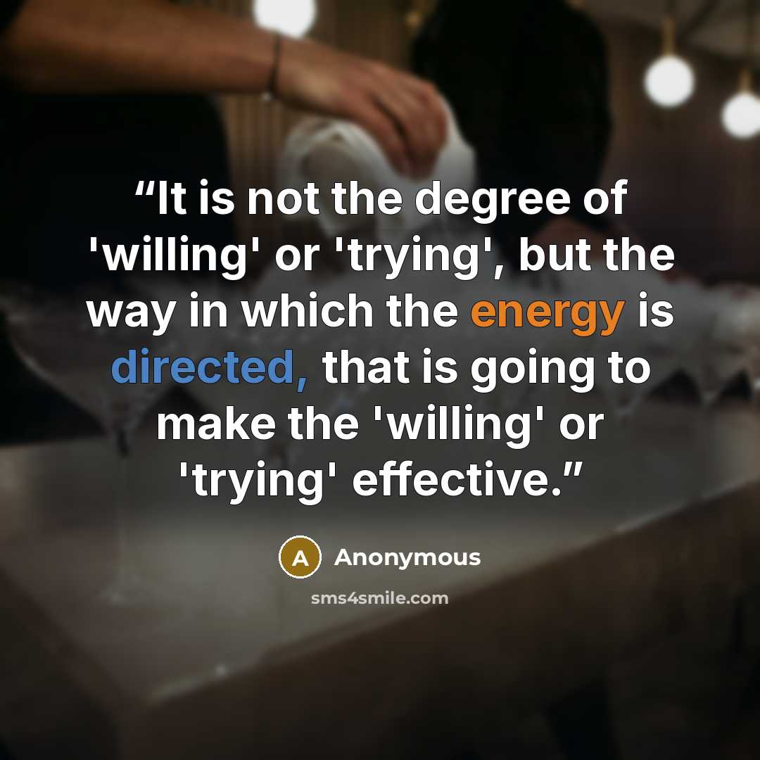 “It is not the degree of 'willing' or 'trying', but the way in which the energy is directed, that is going to make the 'willing' or 'trying' effective.” quote by Anonymous