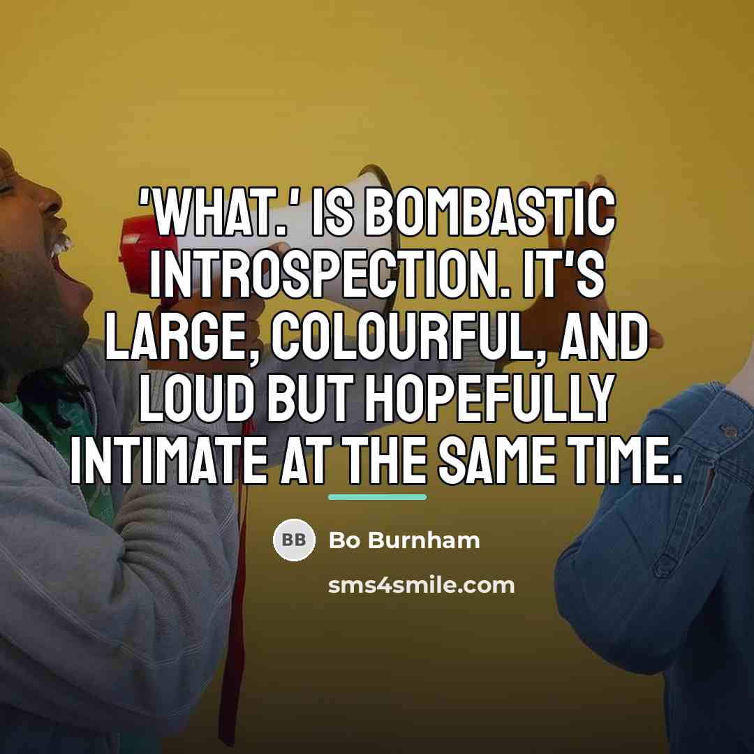 “'what.' is bombastic introspection. It's large, colourful, and loud but…” quote by Bo Burnham