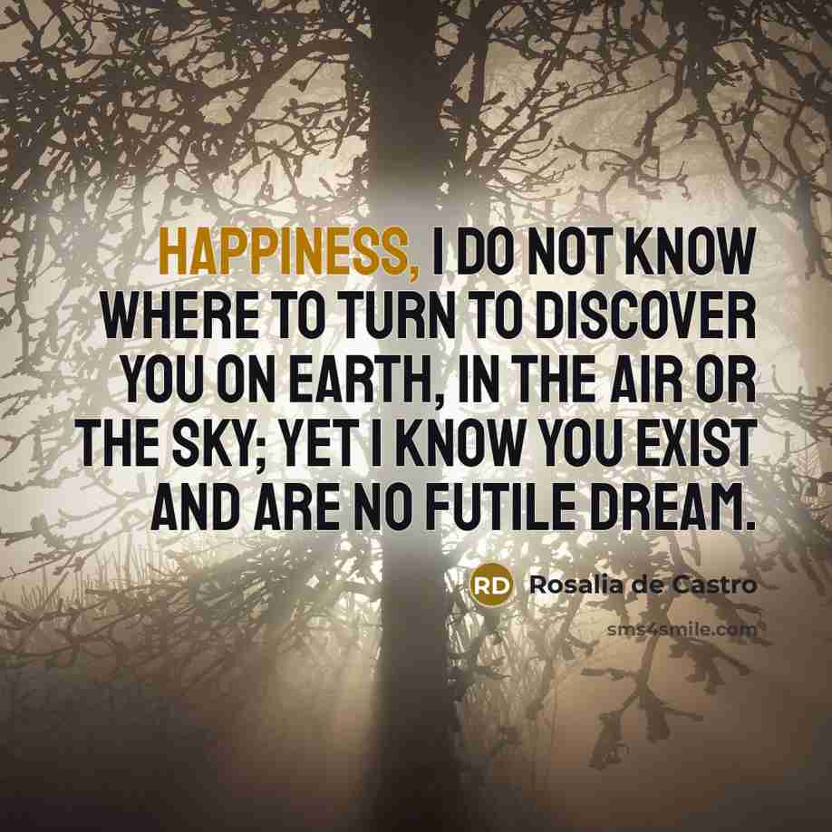 “Happiness, I do not know where to turn to discover…” quote by Rosalia de Castro