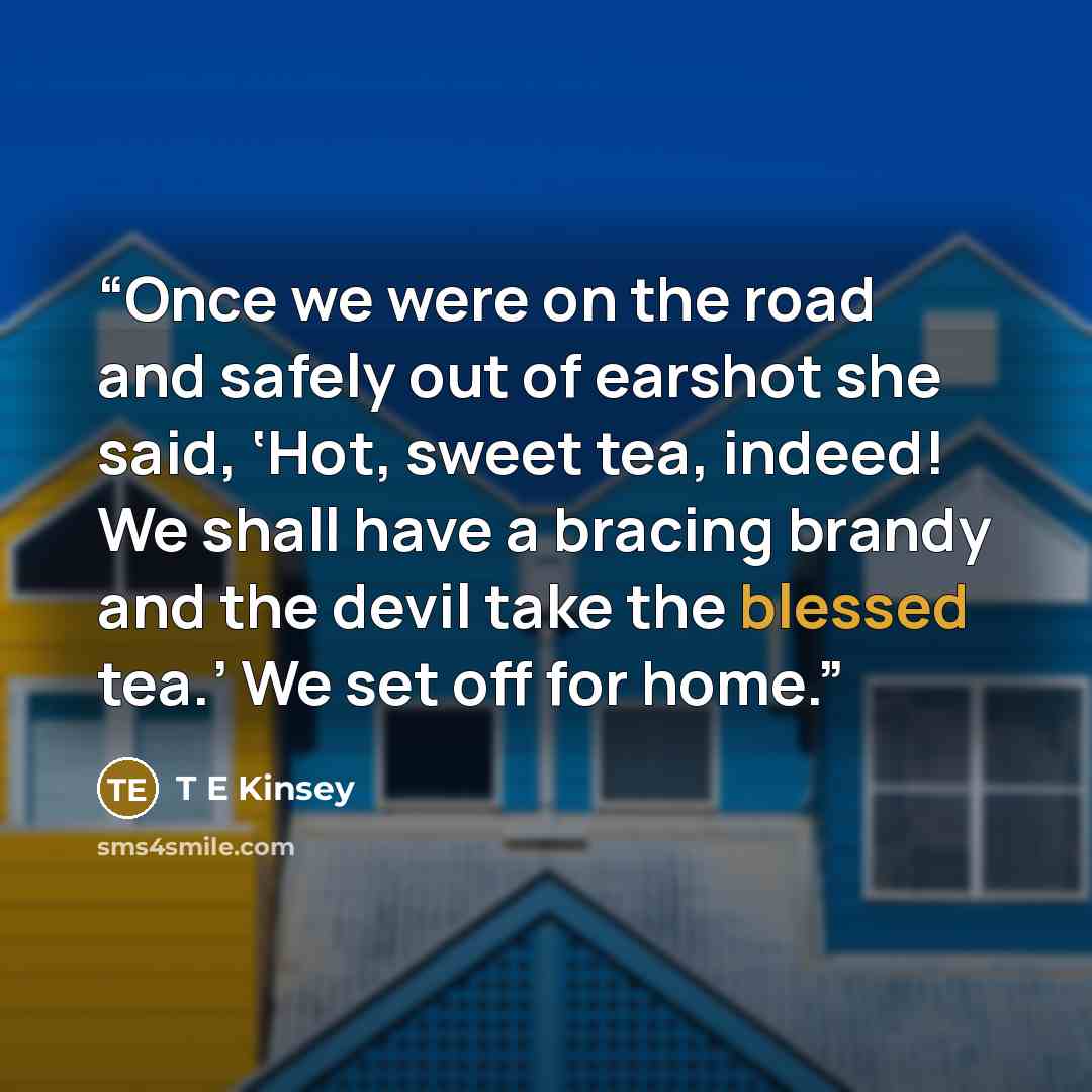 “Once we were on the road and safely out of earshot she said, ‘Hot, sweet tea, indeed! We shall have a bracing brandy and the devil take the blessed tea.’ We set off for home.” quote by T E Kinsey
