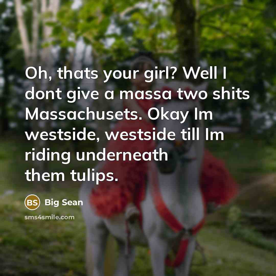 “Oh, thats your girl? Well I dont give a massa two shits Massachusets. Okay Im westside, westside till Im riding underneath them tulips.” quote by Big Sean