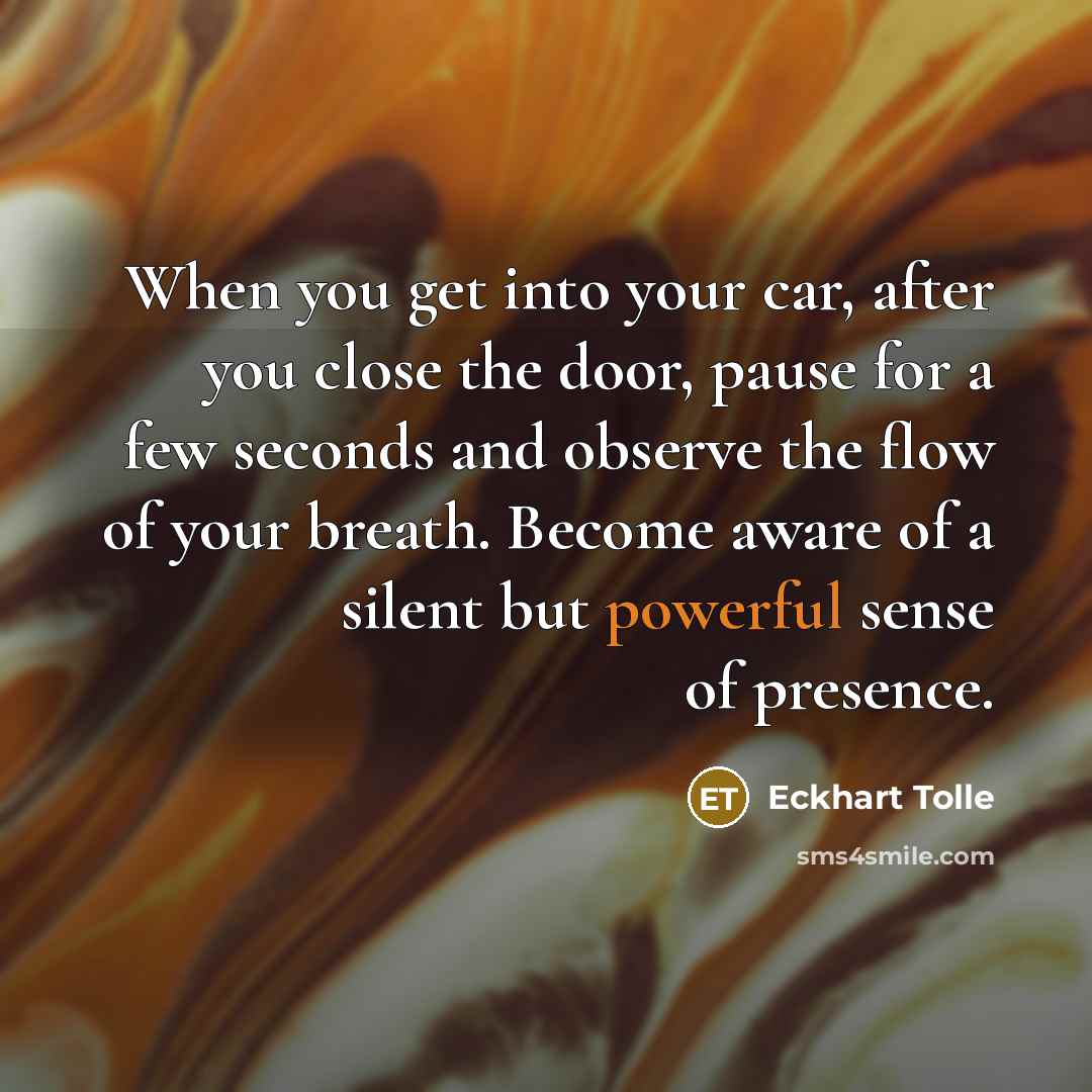 “When you get into your car, after you close the door, pause for a few seconds and observe the flow of your breath. Become aware of a silent but powerful sense of presence.” quote by Eckhart Tolle