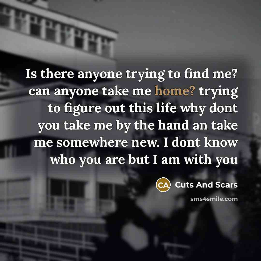 “Is there anyone trying to find me? can anyone take me home? trying to figure out this life why dont you take me by the hand an take me somewhere new. I dont know who you are but I am with you” quote by Cuts And Scars