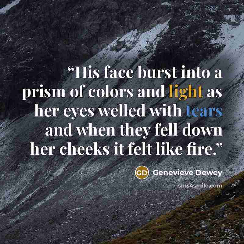 “His face burst into a prism of colors and light as her eyes welled with tears and when they fell down her cheeks it felt like fire.” quote by Genevieve Dewey