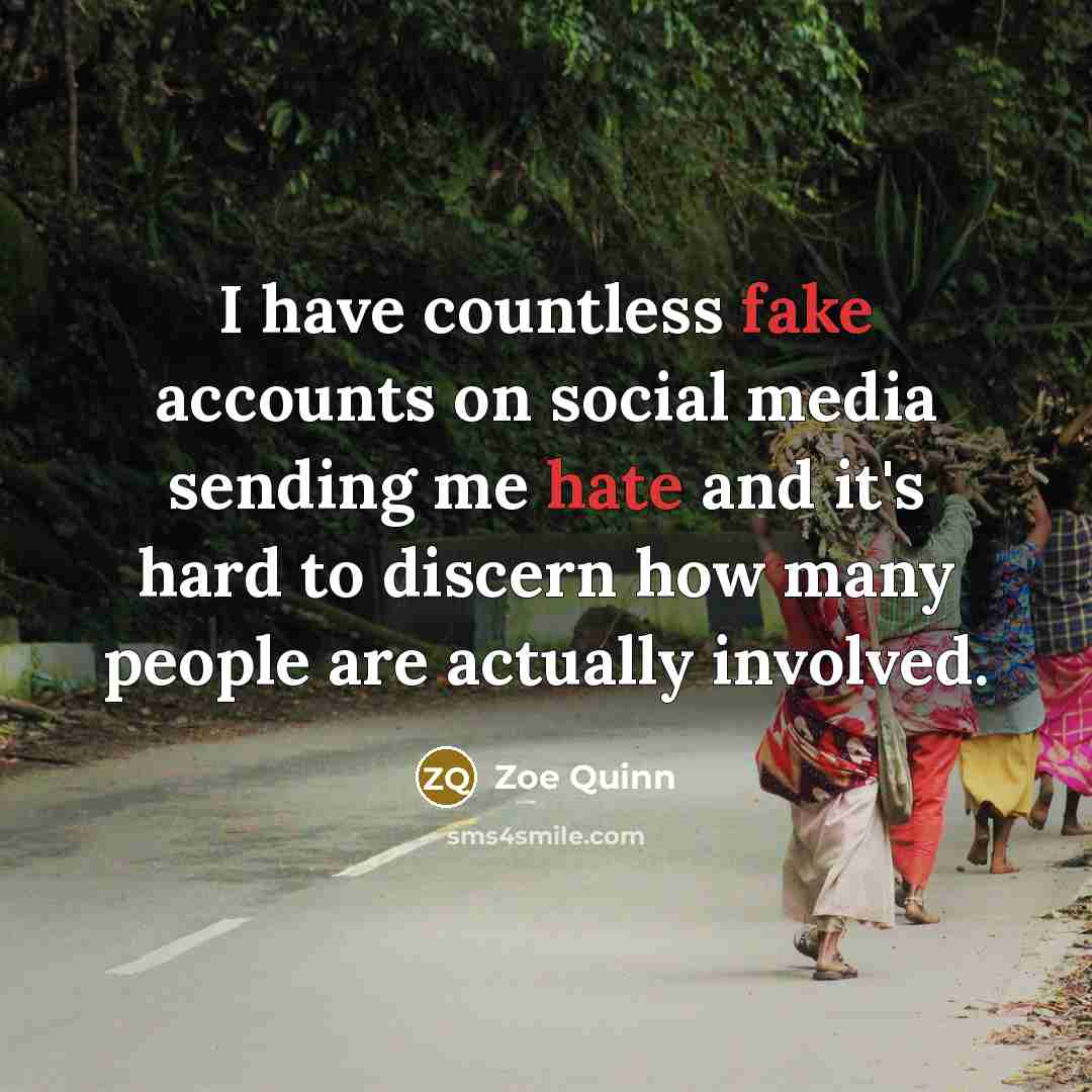 “I have countless fake accounts on social media sending me hate and it's hard to discern how many people are actually involved.” quote by Zoe Quinn