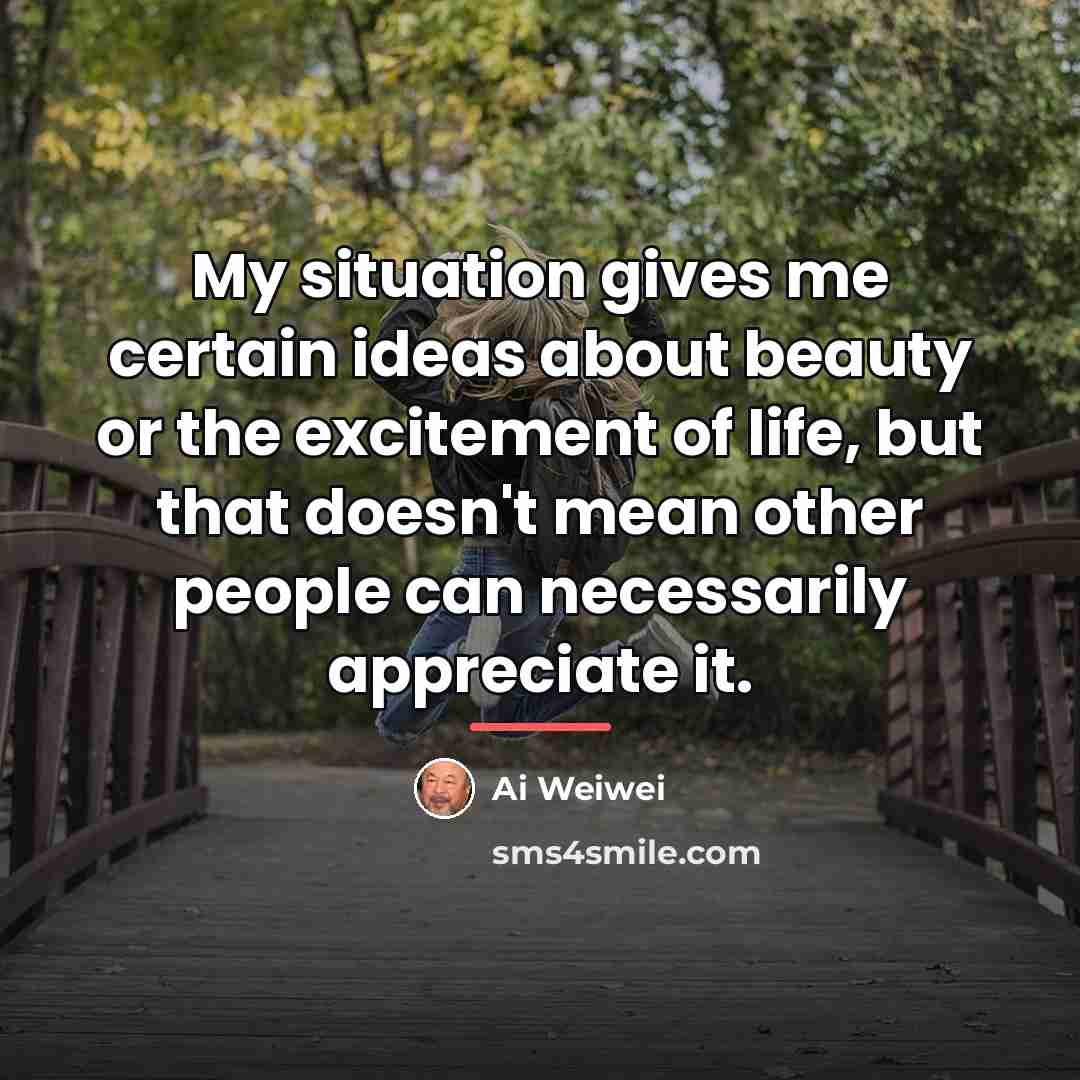 “My situation gives me certain ideas about beauty or the…” quote by Ai Weiwei