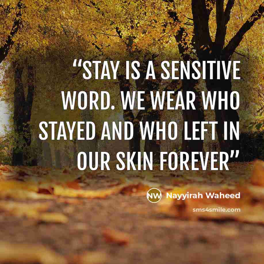 “stay is a sensitive word. we wear who stayed and who left in our skin forever” quote by Nayyirah Waheed