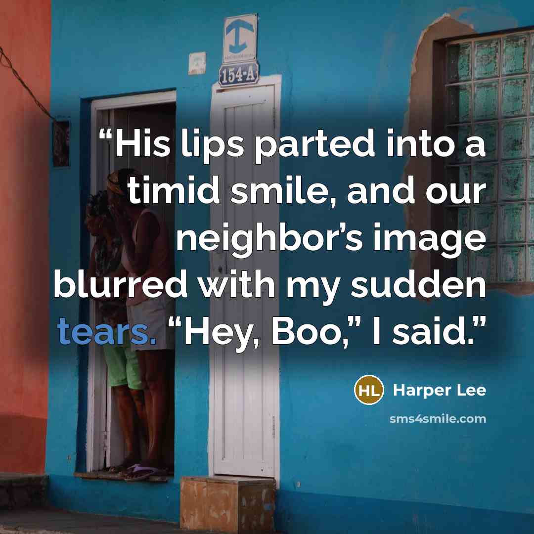“His lips parted into a timid smile, and our neighbor’s image blurred with my sudden tears. “Hey, Boo,” I said.” quote by Harper Lee