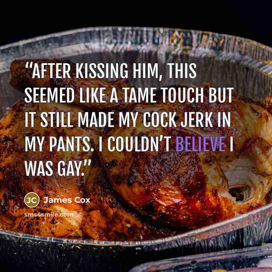 “After kissing him, this seemed like a tame touch but it still made my cock jerk in my pants. I couldn’t believe I was gay.” quote by James Cox