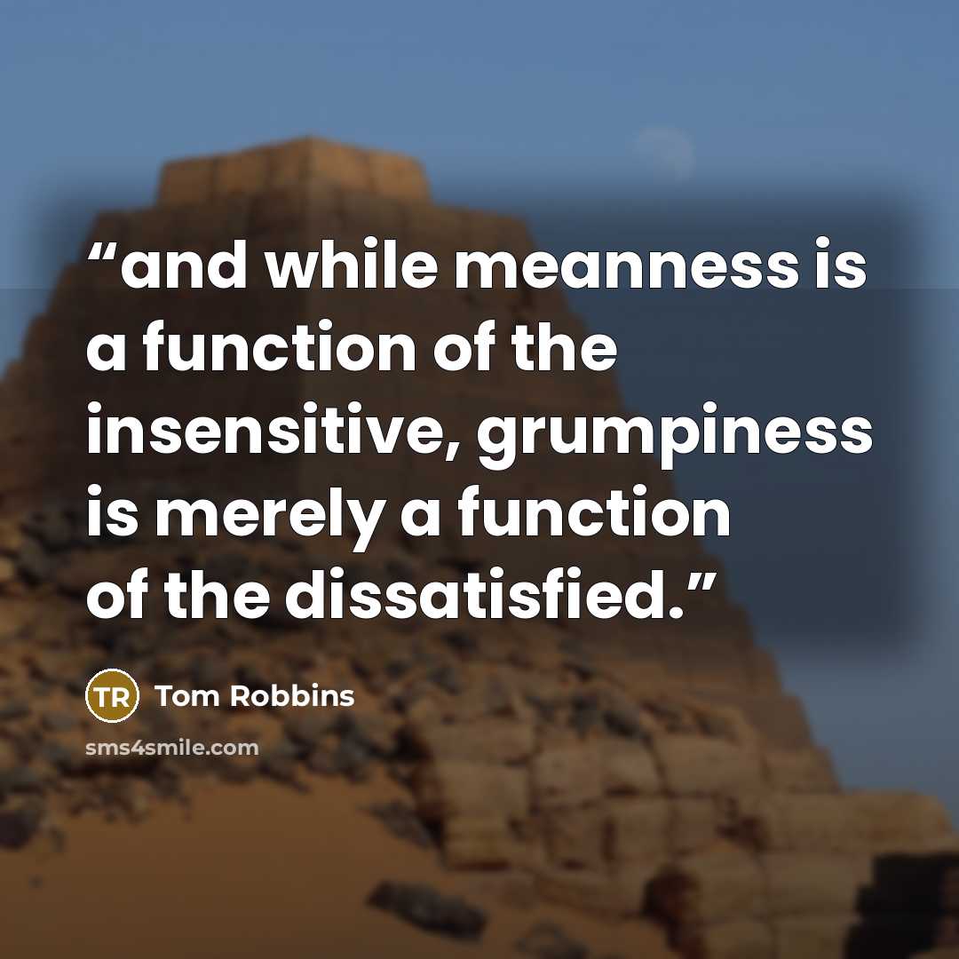“and while meanness is a function of the insensitive, grumpiness is merely a function of the dissatisfied.” quote by Tom Robbins