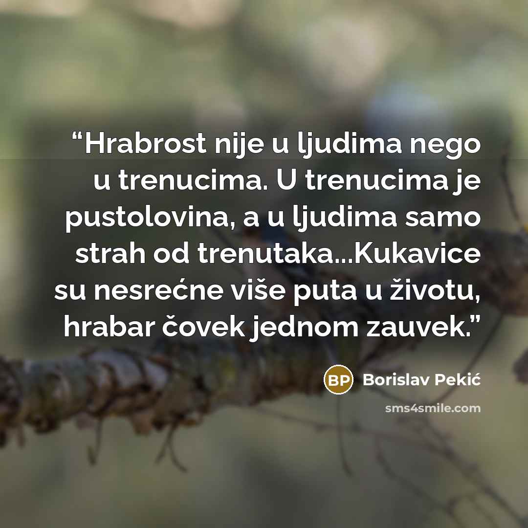 “Hrabrost nije u ljudima nego u trenucima. U trenucima je pustolovina, a u ljudima samo strah od trenutaka...Kukavice su nesrećne više puta u životu, hrabar čovek jednom zauvek.” quote by Borislav Pekić
