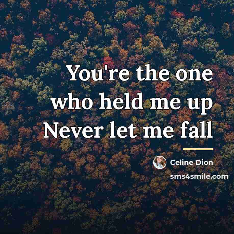 “You're the one who held me up Never let me…” quote by Celine Dion