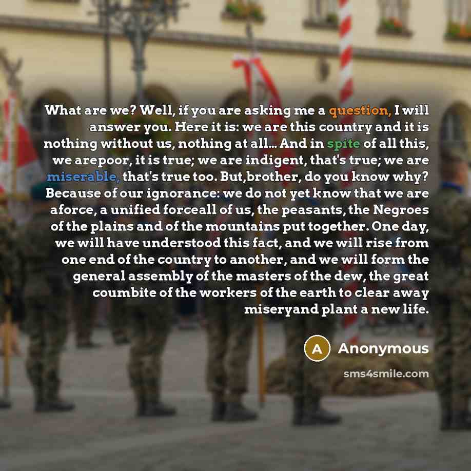 “What are we? Well, if you are asking me a question, I will answer you. Here it is: we are this country and it is nothing without us, nothing at all… And in spite of all this, we arepoor, it is true; we are indigent, that's true; we are miserable, that's true too. But,brother, do you know why?…” quote by Anonymous