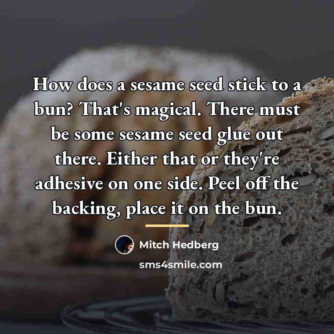 “How does a sesame seed stick to a bun? That's…” quote by Mitch Hedberg