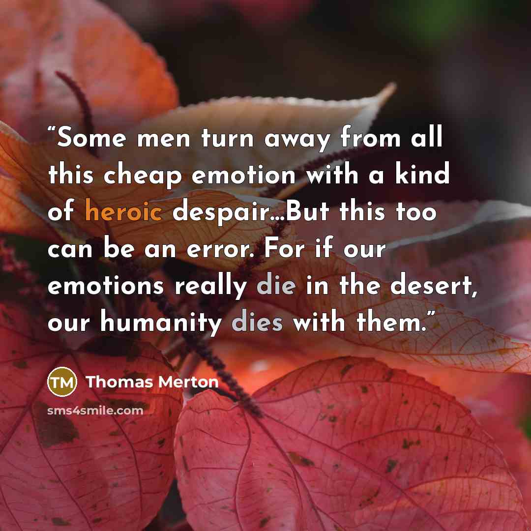 “Some men turn away from all this cheap emotion with a kind of heroic despair…But this too can be an error. For if our emotions really die in the desert, our humanity dies with them.” quote by Thomas Merton