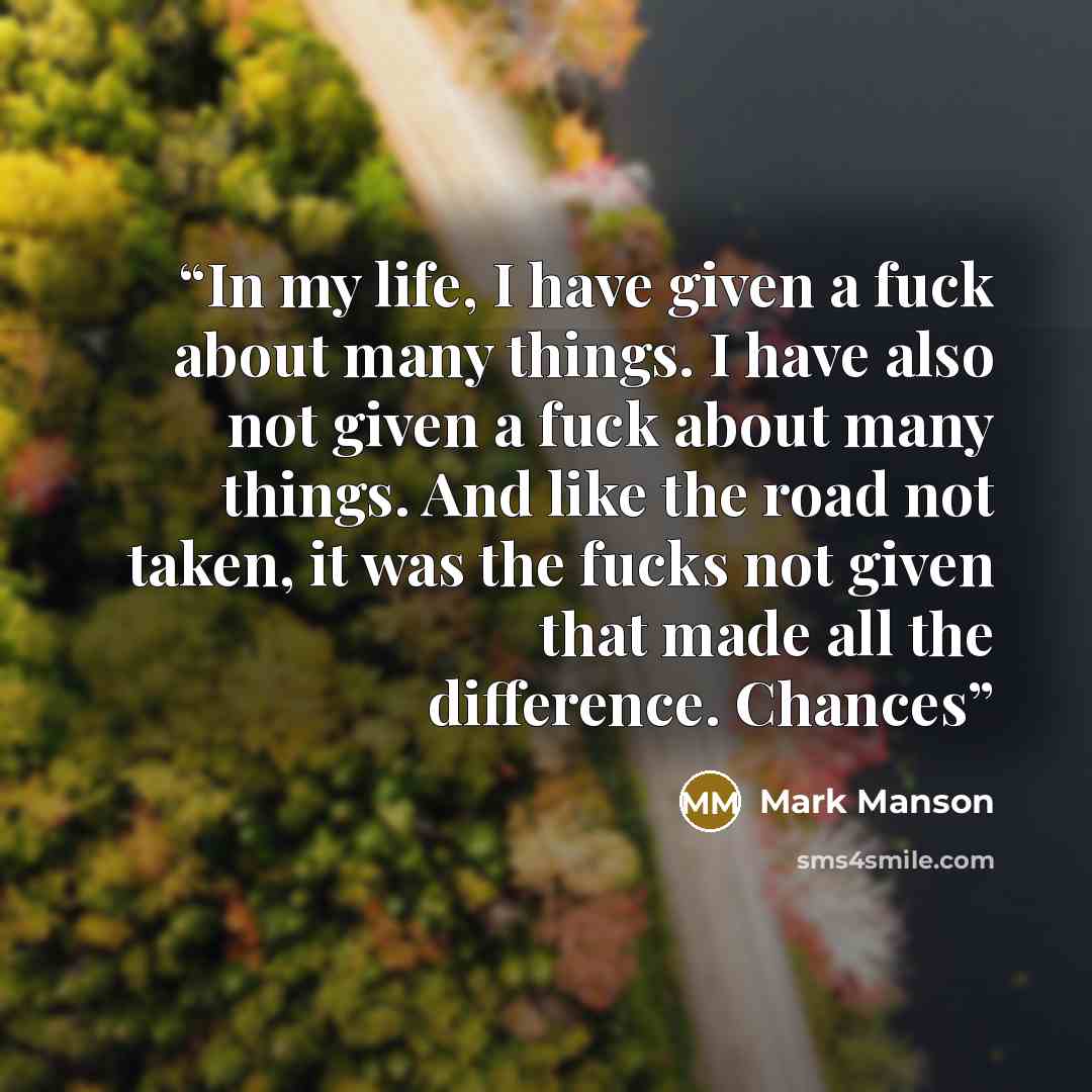 “In my life, I have given a fuck about many things. I have also not given a fuck about many things. And like the road not taken, it was the fucks not given that made all the difference. Chances” quote by Mark Manson