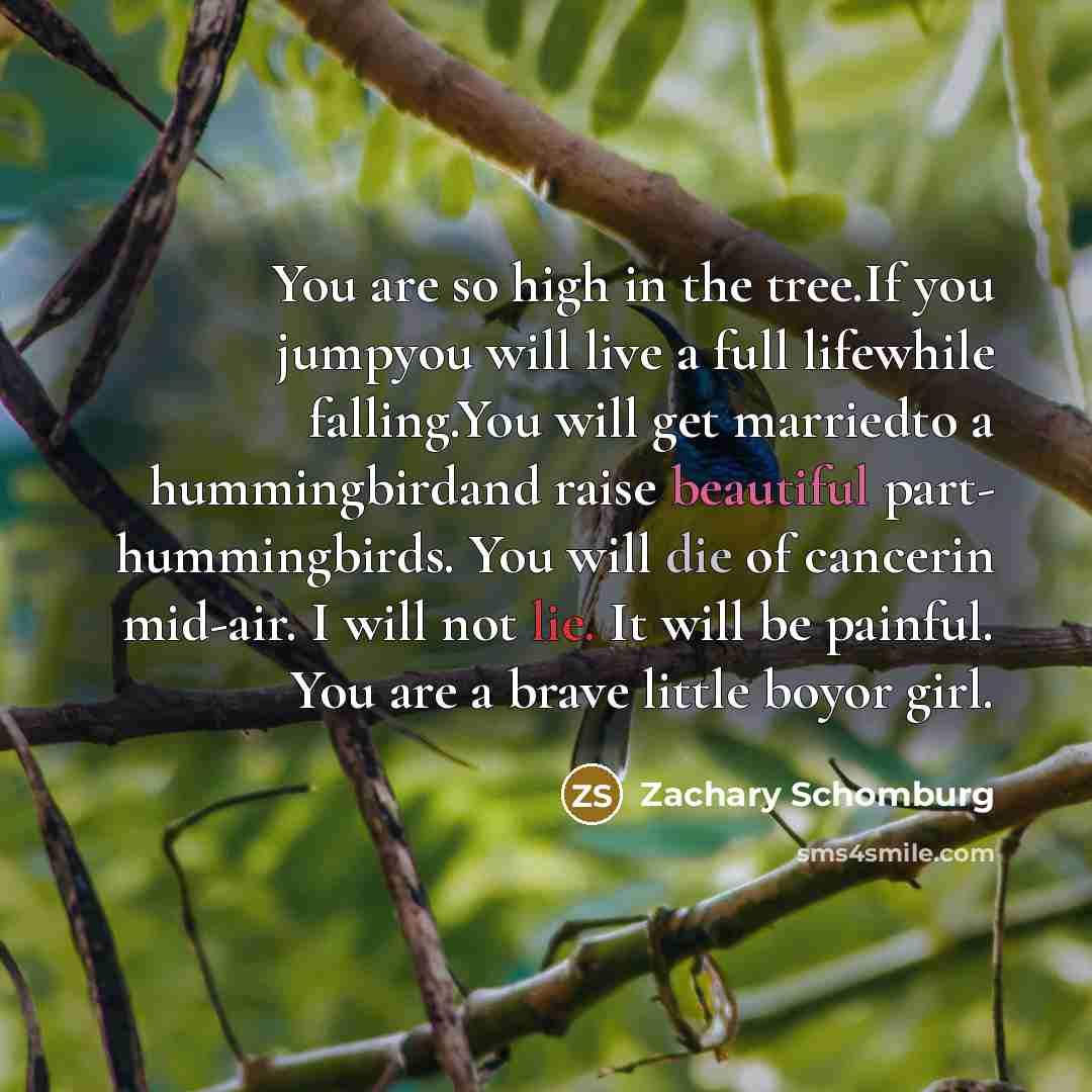 “You are so high in the tree.If you jumpyou will…” quote by Zachary Schomburg
