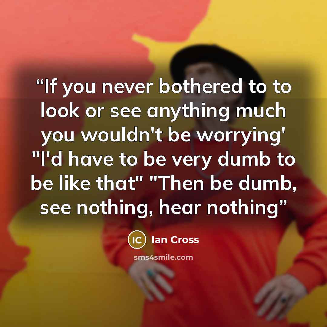 “If you never bothered to to look or see anything much you wouldn't be worrying' "I'd have to be very dumb to be like that" "Then be dumb, see nothing, hear nothing” quote by Ian Cross