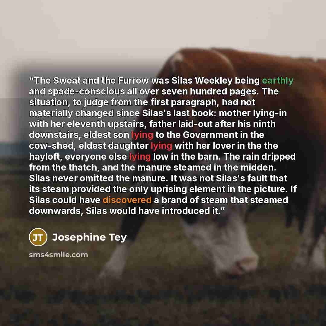 “The Sweat and the Furrow was Silas Weekley being earthly and spade-conscious all over seven hundred pages. The situation, to judge from the first paragraph, had not materially changed since Silas's last book: mother lying-in with her eleventh upstairs, father laid-out after his ninth downstairs…” quote by Josephine Tey