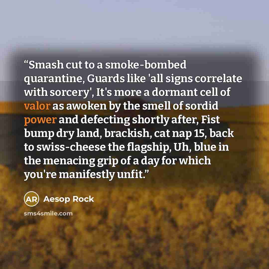 “Smash cut to a smoke-bombed quarantine, Guards like 'all signs correlate with sorcery', It's more a dormant cell of valor as awoken by the smell of sordid power and defecting shortly after, Fist bump dry land, brackish, cat nap 15, back to swiss-cheese the flagship, Uh, blue in the menacing grip…” quote by Aesop Rock