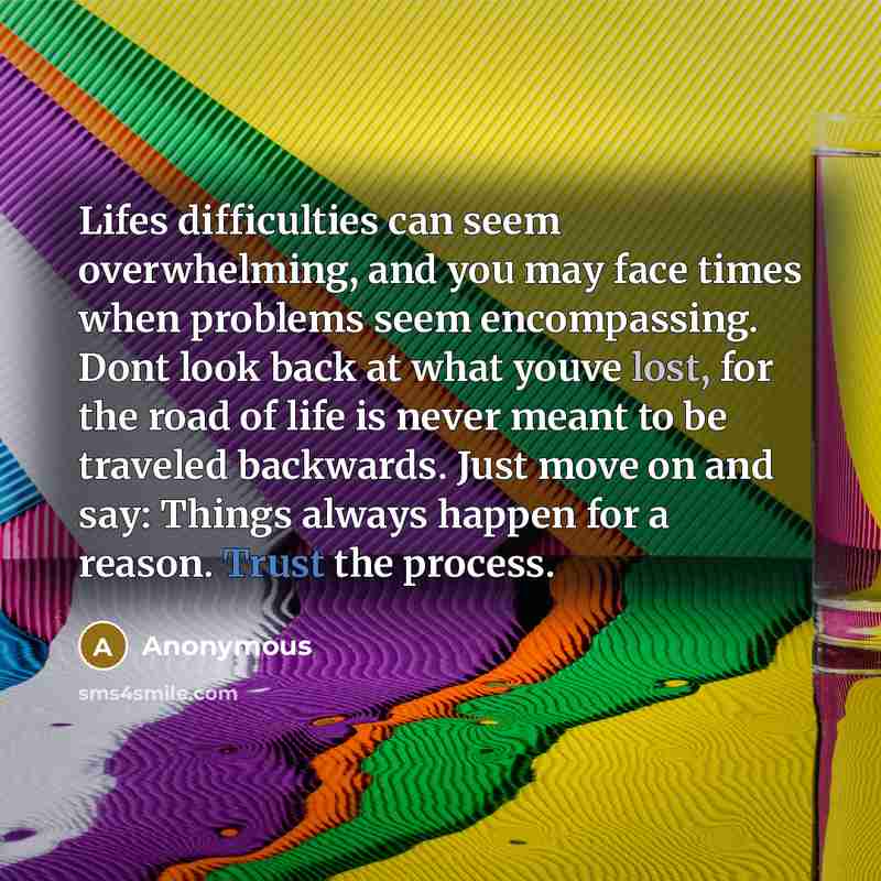 “Lifes difficulties can seem overwhelming, and you may face times when problems seem encompassing. Dont look back at what youve lost, for the road of life is never meant to be traveled backwards. Just move on and say: Things always happen for a reason. Trust the process.” quote by Anonymous