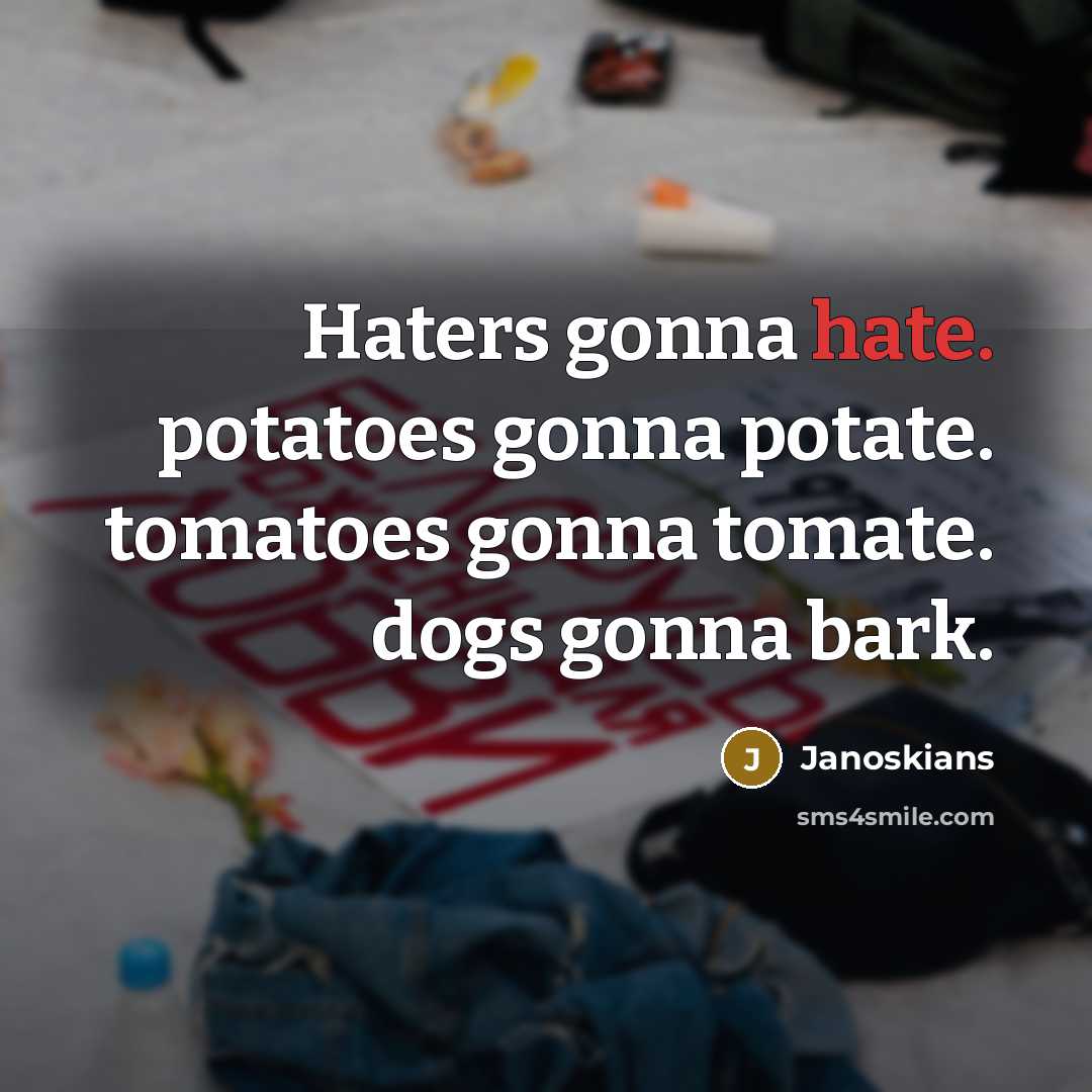 “Haters gonna hate. potatoes gonna potate. tomatoes gonna tomate. dogs…” quote by Janoskians