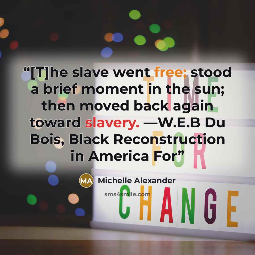 “[T]he slave went free; stood a brief moment in the sun; then moved back again toward slavery. —W.E.B Du Bois, Black Reconstruction in America For” quote by Michelle Alexander