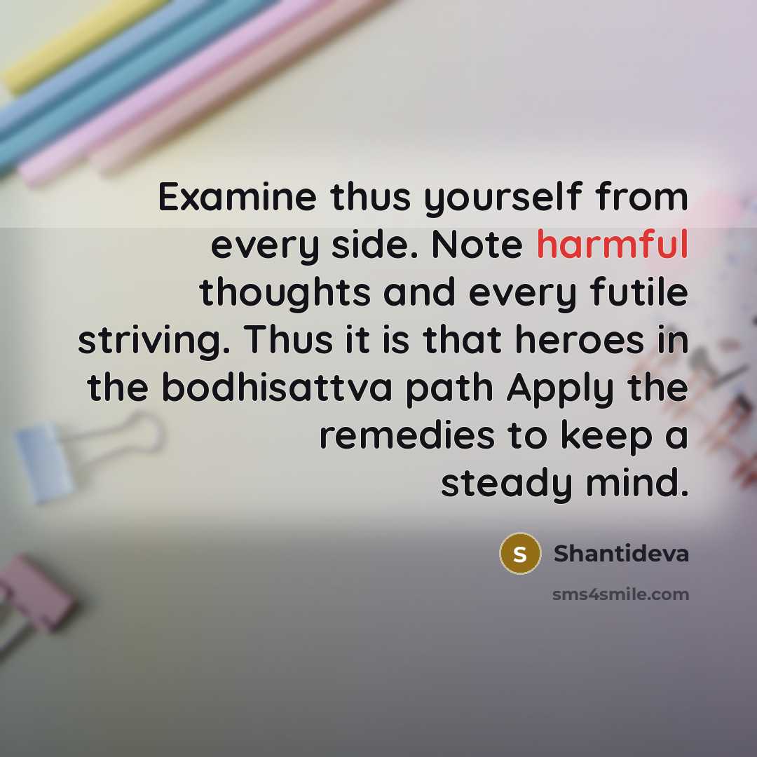 “Examine thus yourself from every side. Note harmful thoughts and…” quote by Shantideva