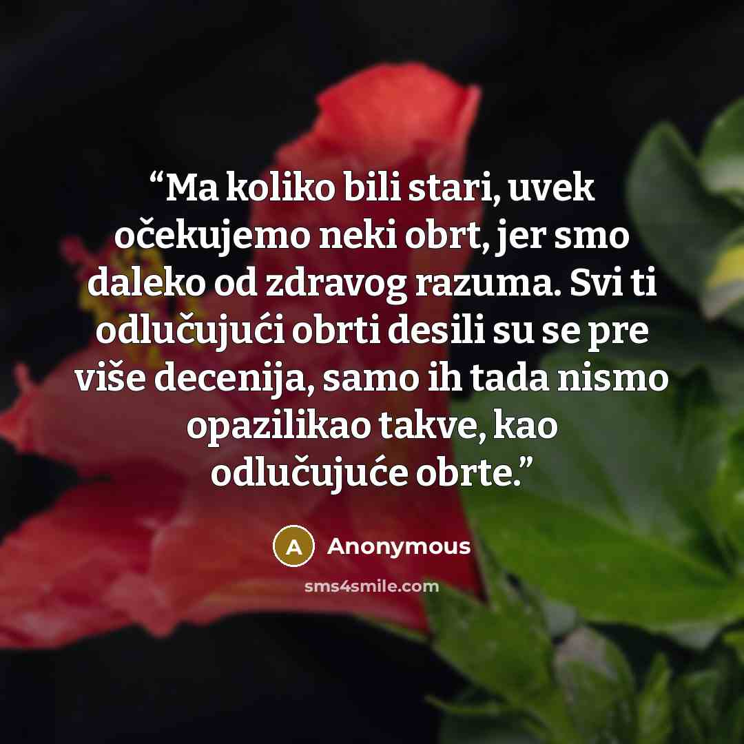 “Ma koliko bili stari, uvek očekujemo neki obrt, jer smo daleko od zdravog razuma. Svi ti odlučujući obrti desili su se pre više decenija, samo ih tada nismo opazilikao takve, kao odlučujuće obrte.” quote by Anonymous