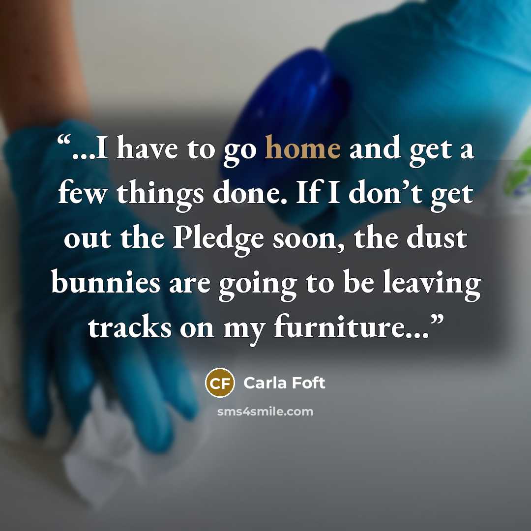 “...I have to go home and get a few things done. If I don’t get out the Pledge soon, the dust bunnies are going to be leaving tracks on my furniture...” quote by Carla Foft
