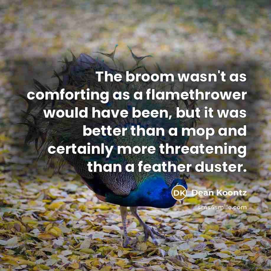 “The broom wasn't as comforting as a flamethrower would have…” quote by Dean Koontz