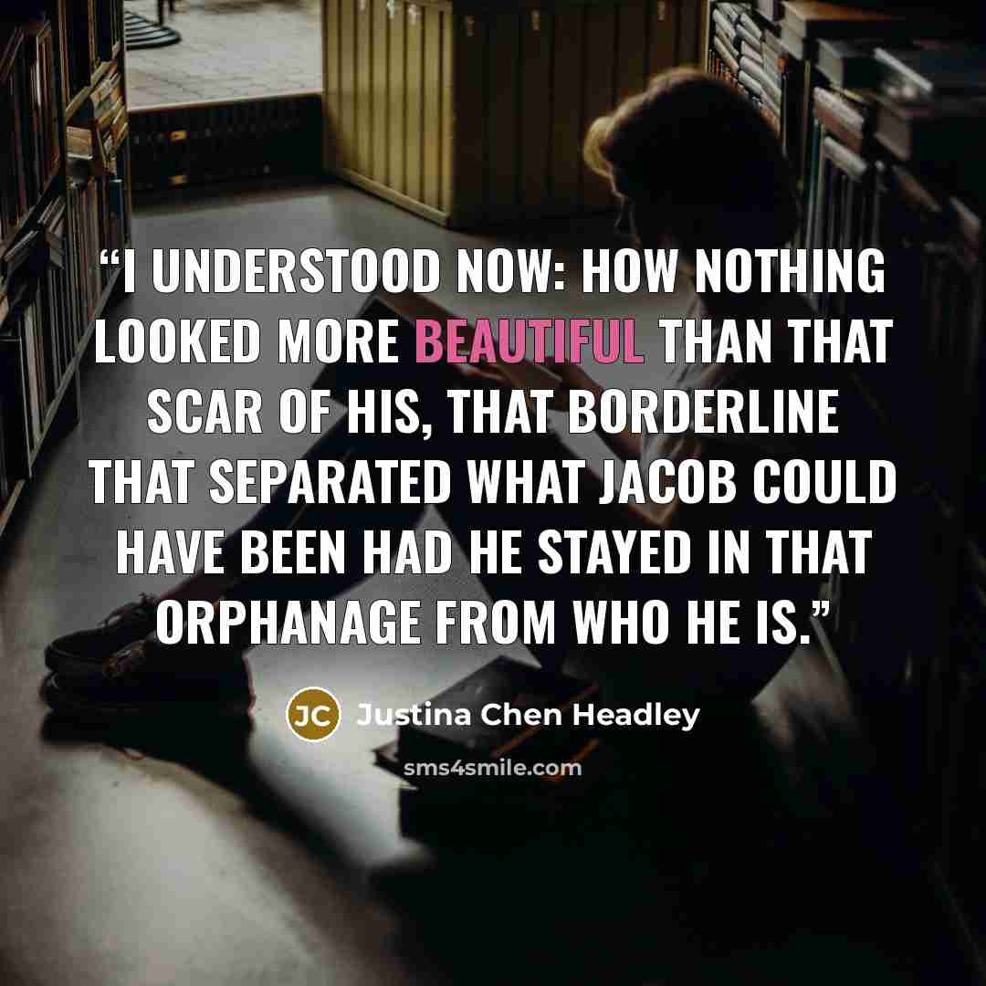 “I understood now: how nothing looked more beautiful than that scar of his, that borderline that separated what Jacob could have been had he stayed in that orphanage from who he is.” quote by Justina Chen Headley