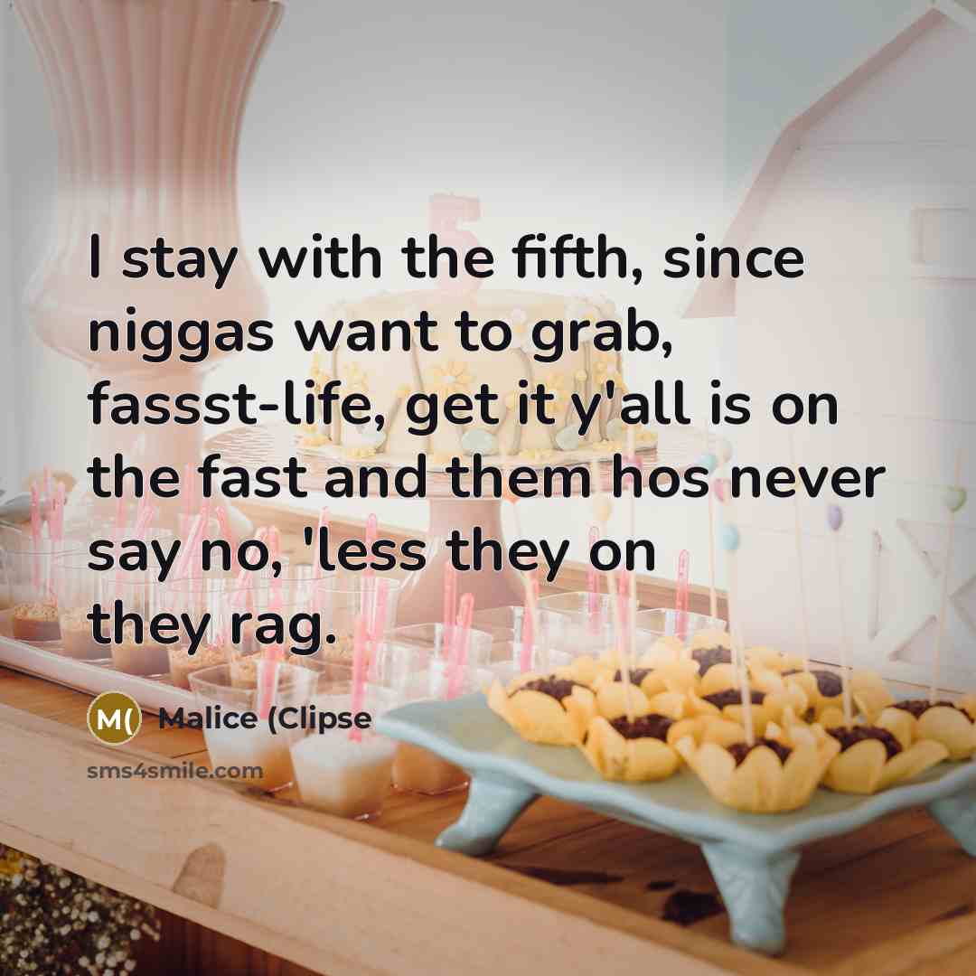 “I stay with the fifth, since niggas want to grab, fassst-life, get it y'all is on the fast and them hos never say no, 'less they on they rag.” quote by Malice (Clipse