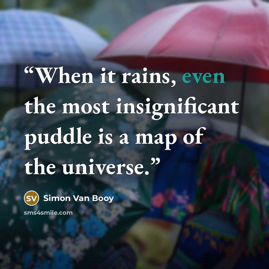 “When it rains, even the most insignificant puddle is a map of the universe.” quote by Simon Van Booy