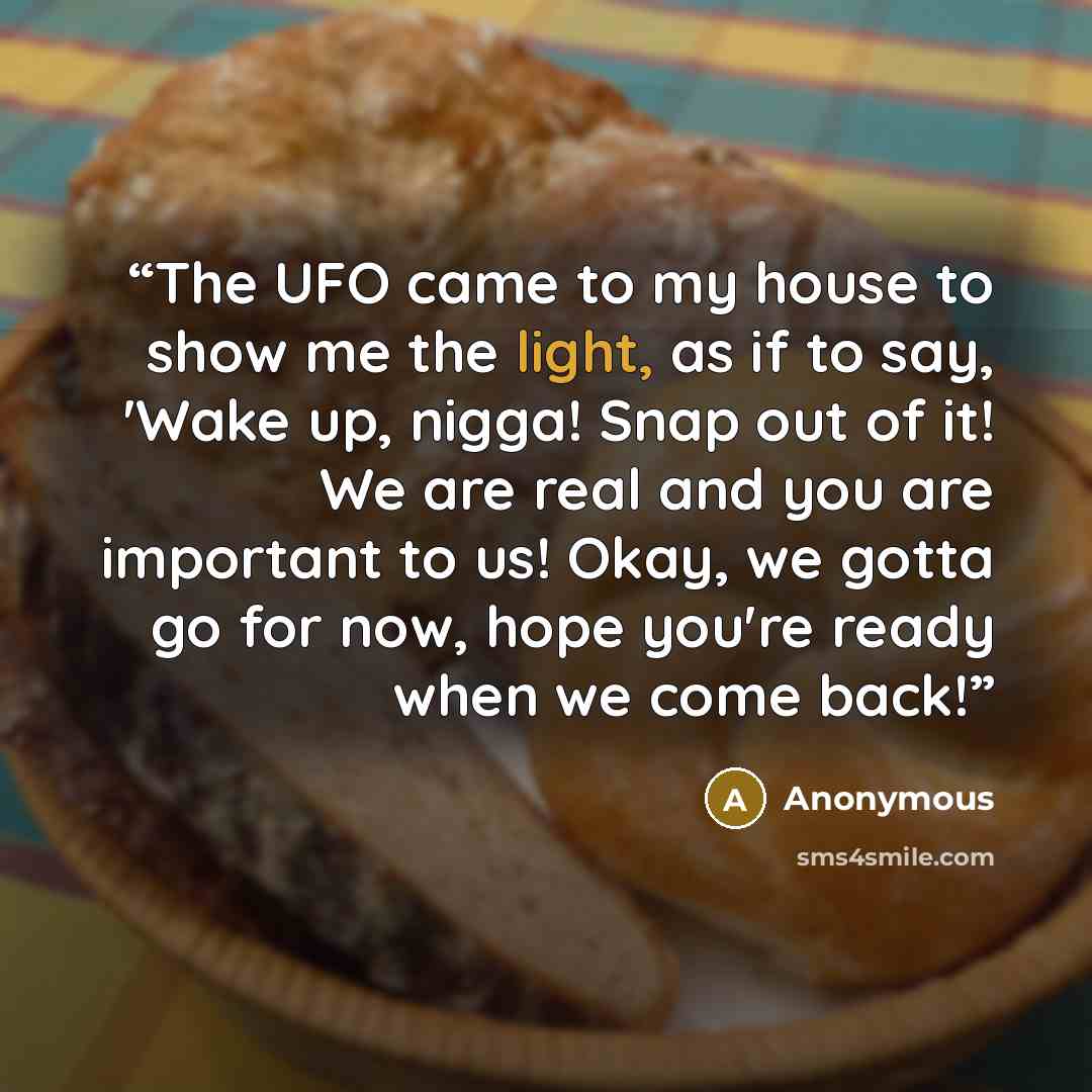 “The UFO came to my house to show me the light, as if to say, 'Wake up, nigga! Snap out of it! We are real and you are important to us! Okay, we gotta go for now, hope you're ready when we come back!” quote by Anonymous