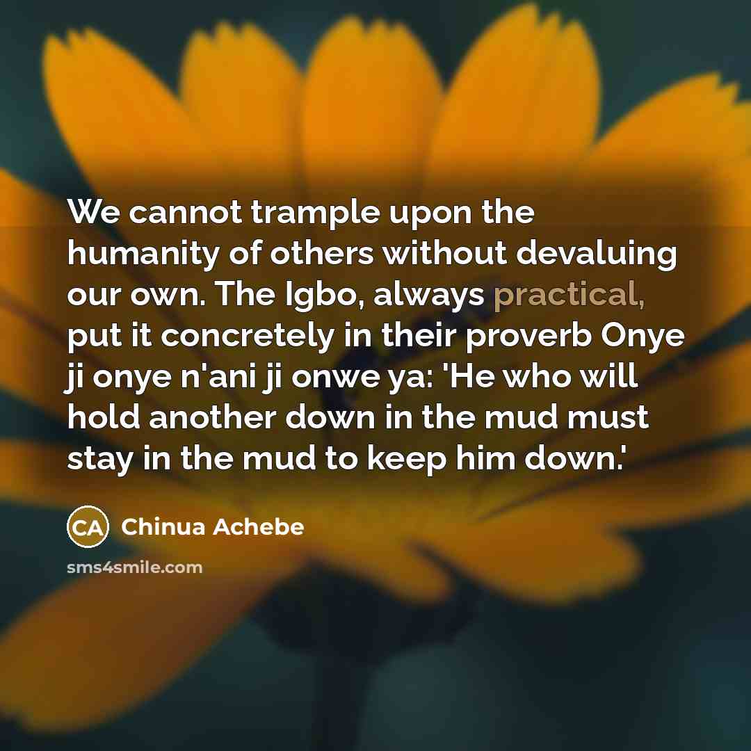 “We cannot trample upon the humanity of others without devaluing…” quote by Chinua Achebe