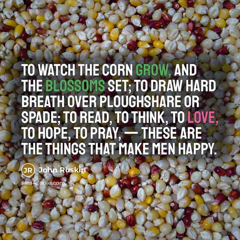 “To watch the corn grow, and the blossoms set; to draw hard breath over ploughshare or spade; to read, to think, to love, to hope, to pray, — these are the things that make men happy.” quote by John Ruskin