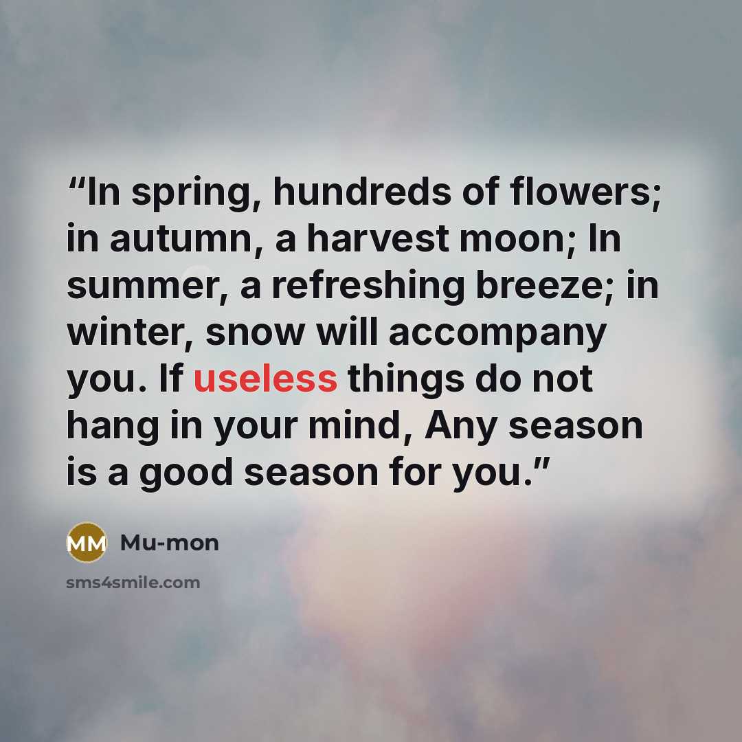 “In spring, hundreds of flowers; in autumn, a harvest moon; In summer, a refreshing breeze; in winter, snow will accompany you. If useless things do not hang in your mind, Any season is a good season for you.” quote by Mu-mon