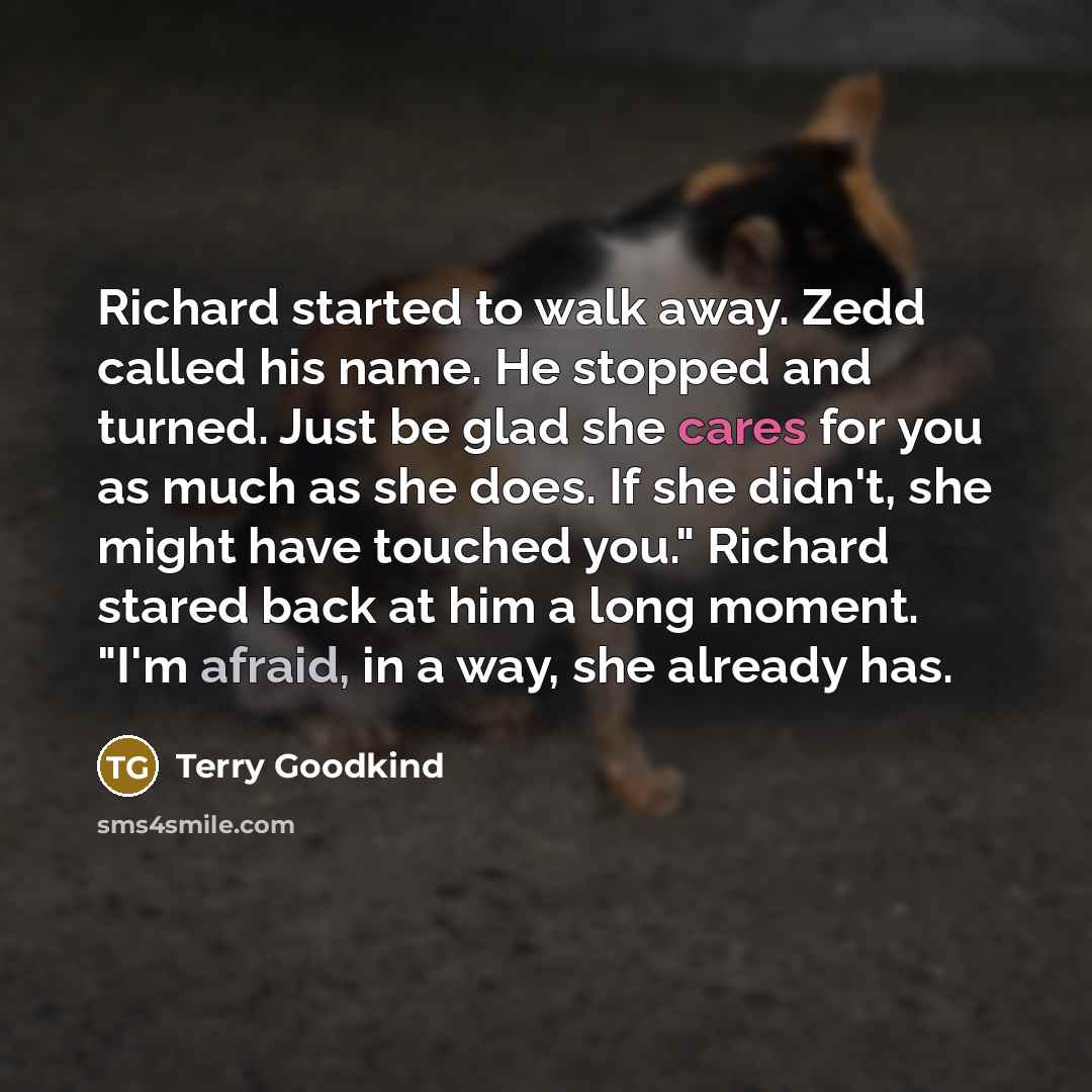 “Richard started to walk away. Zedd called his name. He stopped and turned. Just be glad she cares for you as much as she does. If she didn't, she might have touched you." Richard stared back at him a long moment. "I'm afraid, in a way, she already has.” quote by Terry Goodkind