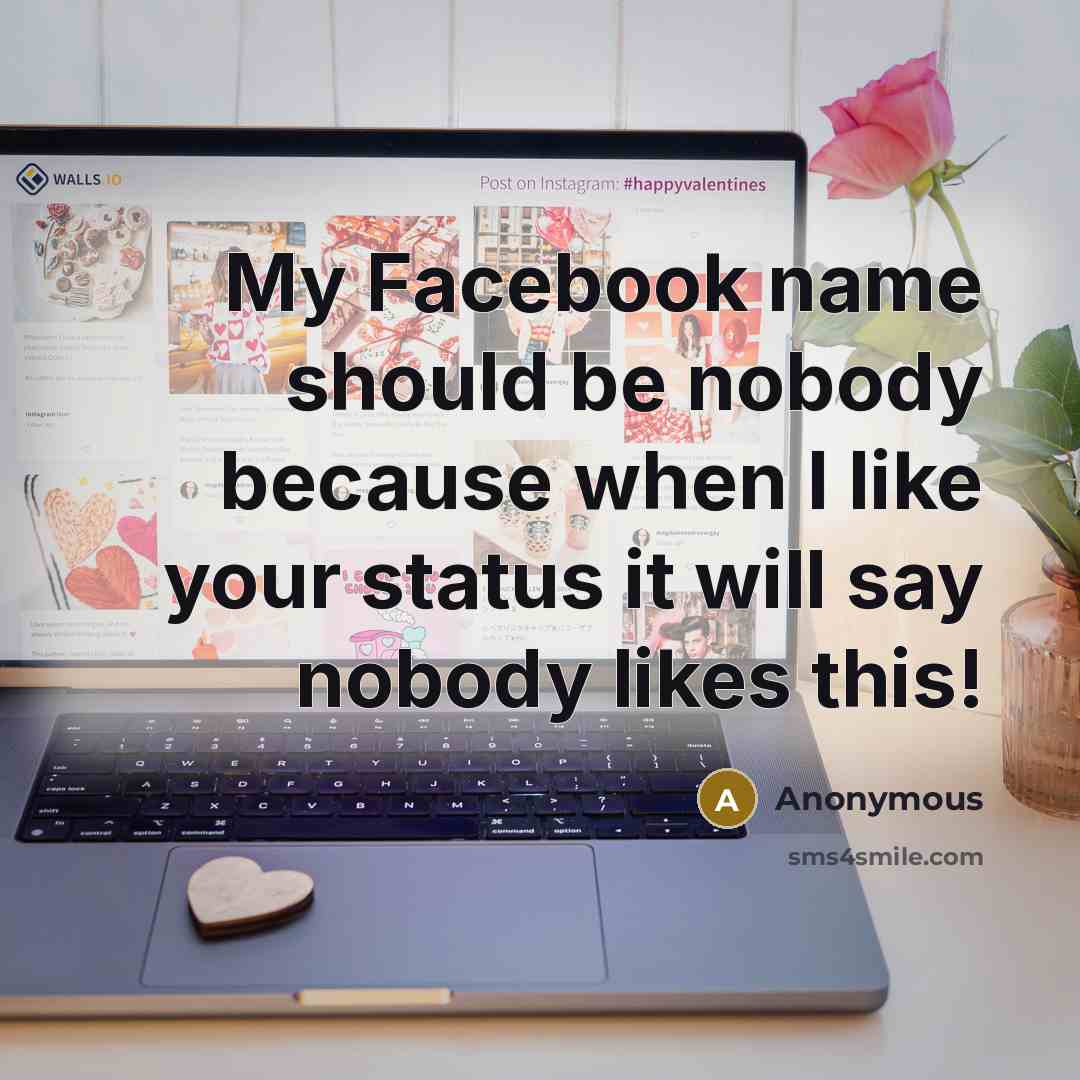 “My Facebook name should be nobody because when I like your status it will say nobody likes this!” quote by Anonymous