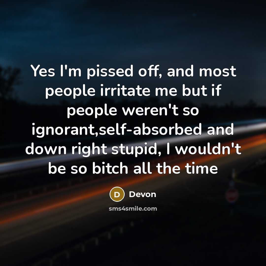 “Yes I'm pissed off, and most people irritate me but if people weren't so ignorant,self-absorbed and down right stupid, I wouldn't be so bitch all the time” quote by Devon