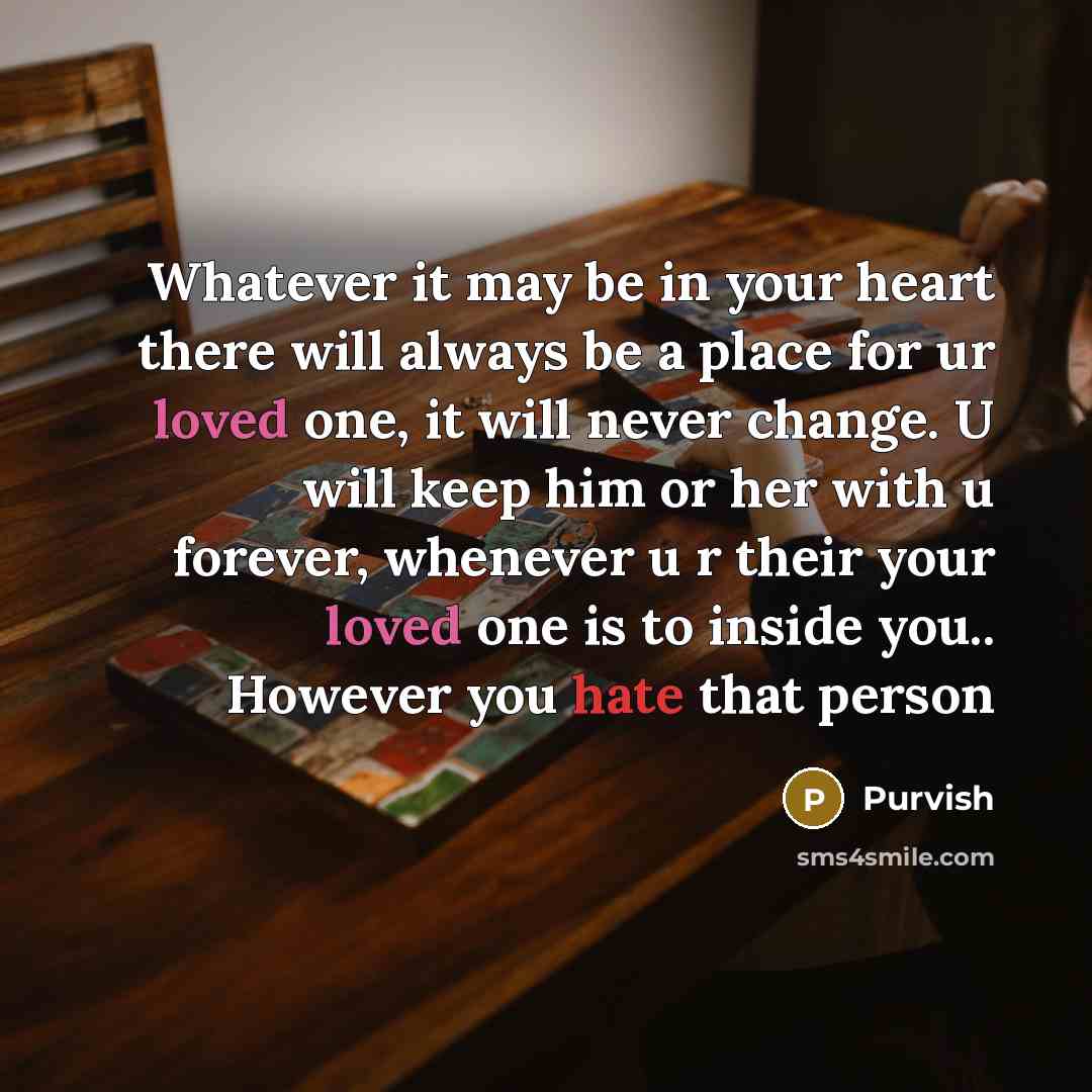 “Whatever it may be in your heart there will always be a place for ur loved one, it will never change. U will keep him or her with u forever, whenever u r their your loved one is to inside you.. However you hate that person” quote by Purvish