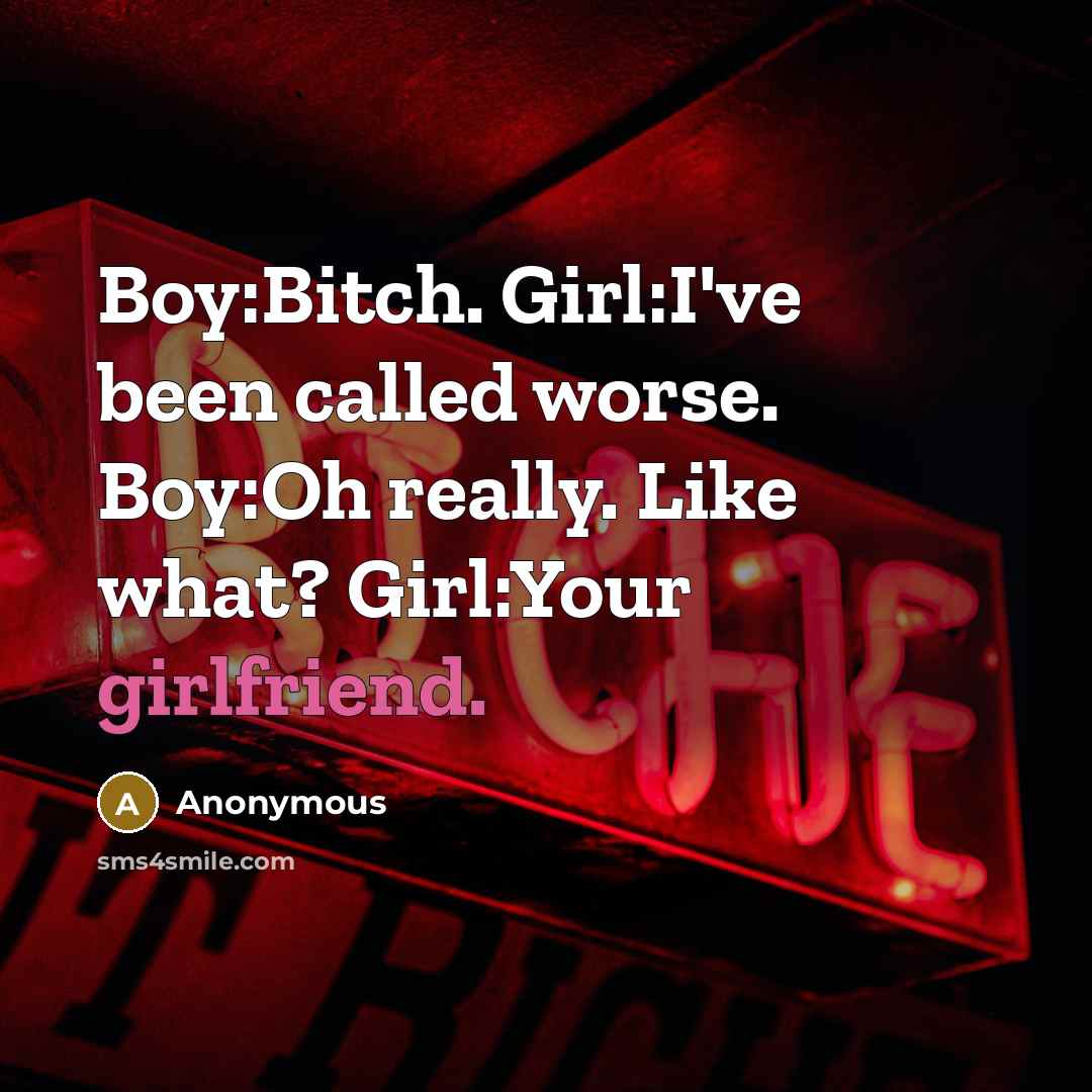 “Boy:Bitch. Girl:I've been called worse. Boy:Oh really. Like what? Girl:Your girlfriend.” quote by Anonymous