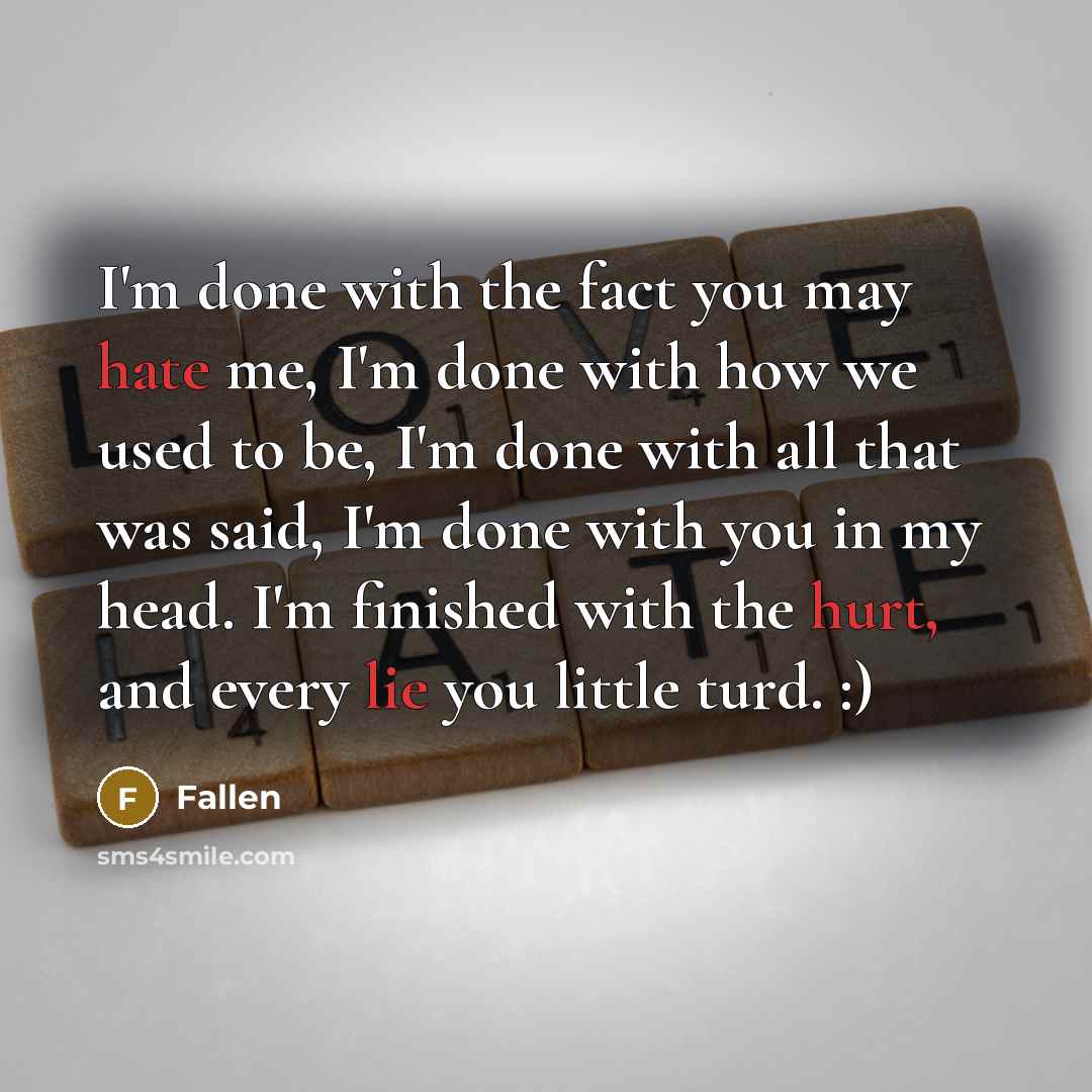 “I'm done with the fact you may hate me, I'm done with how we used to be, I'm done with all that was said, I'm done with you in my head. I'm finished with the hurt, and every lie you little turd. :)” quote by Fallen