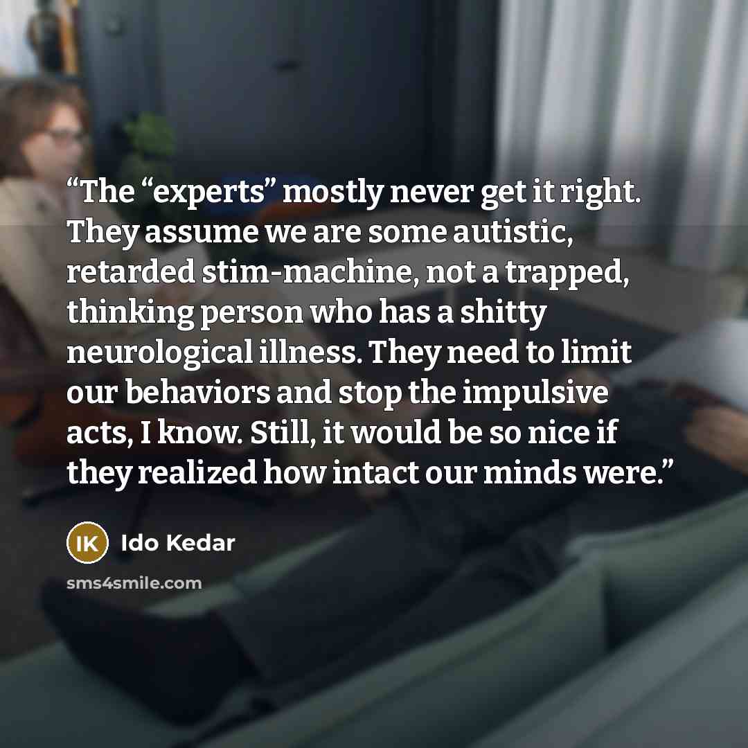 “The “experts” mostly never get it right. They assume we are some autistic, retarded stim-machine, not a trapped, thinking person who has a shitty neurological illness. They need to limit our behaviors and stop the impulsive acts, I know. Still, it would be so nice if they realized how intact our…” quote by Ido Kedar